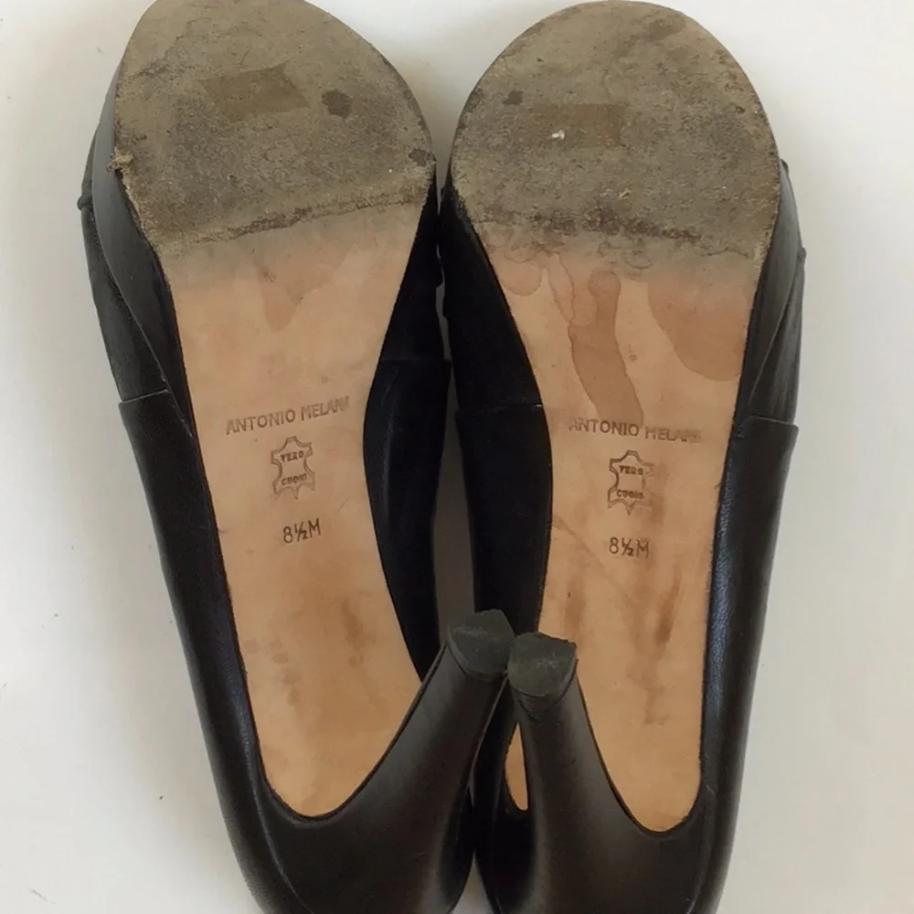 Antonio Melani Black Leather Zipper Back  Ruched Open Toe‎ High Heels 8.5